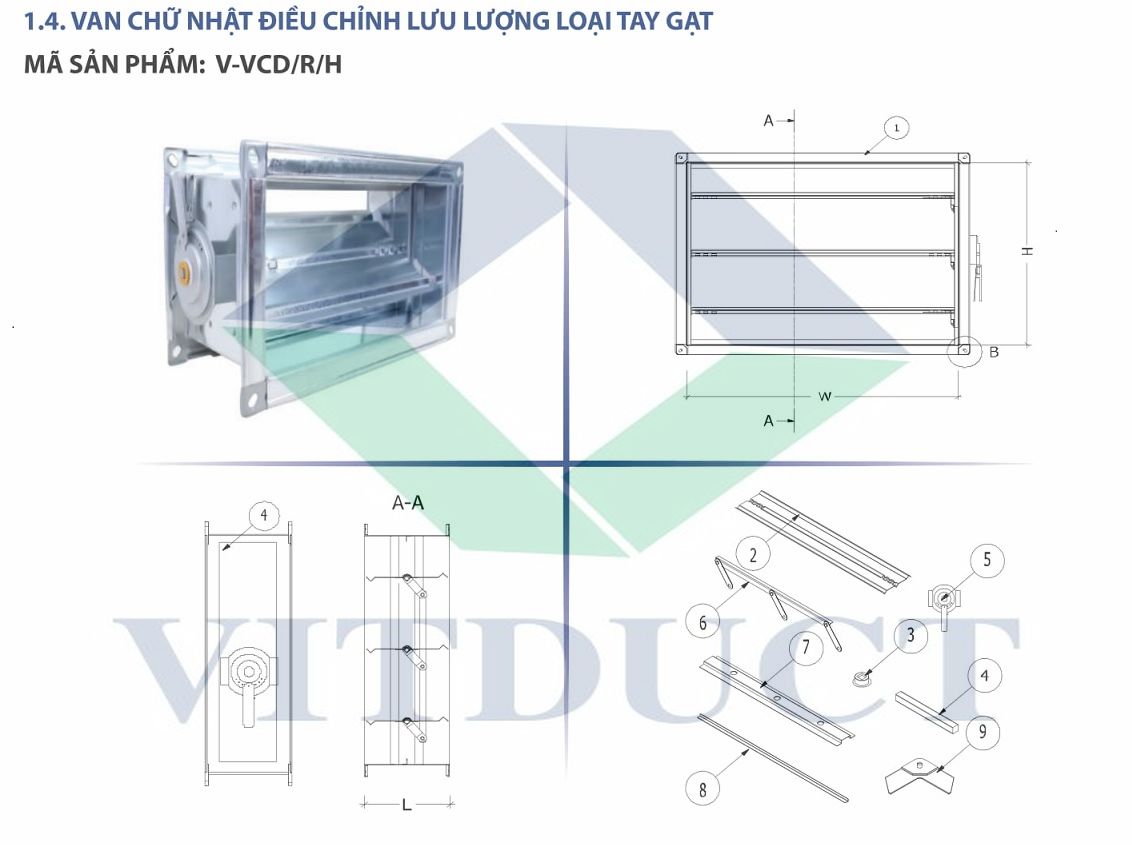 Van chữ nhật điều chỉnh lưu lượng loại tay gạt: V-VCD/R/H